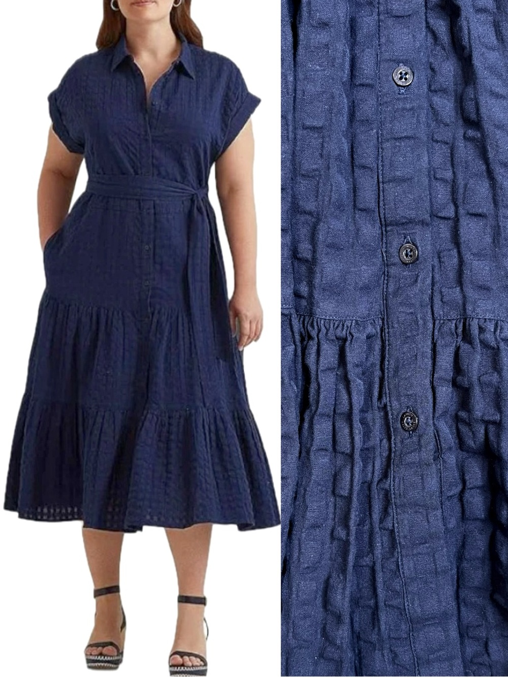 Lauren Ralph Lauren Black Label Navy Gingham Midi Shirt Dress Size 14 Pockets